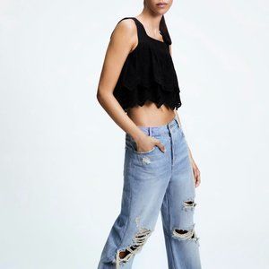 NEW Zara Embroidered Eyelet Crochet Layered Black Tank Top Blouse Sleeveless XL